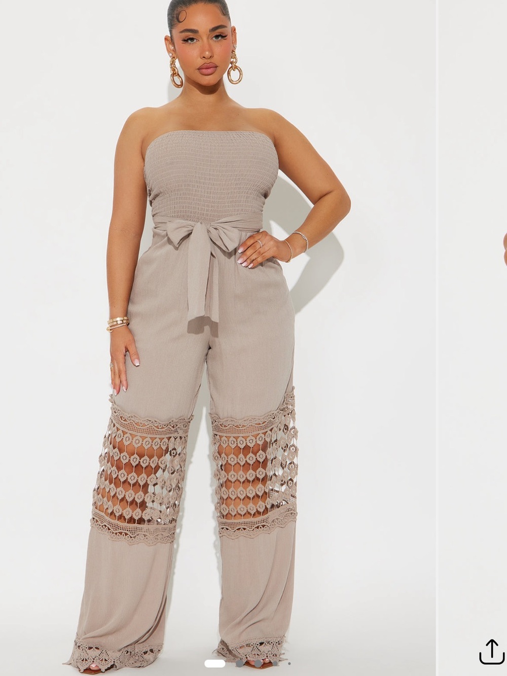 Fashion Nova Taupe Strapless Lace-Panel Jumpsuit with Tie Waist